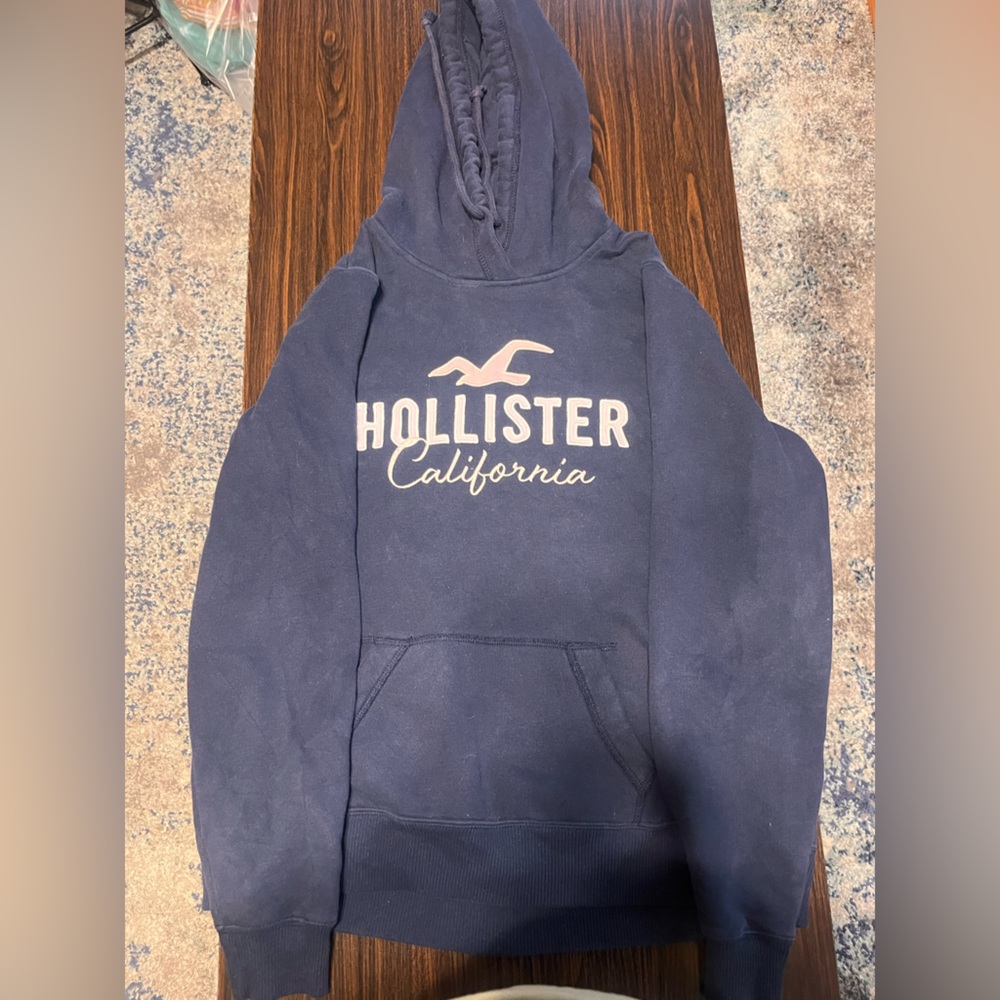 Hollister Blue and White Hoodie Stylish and Comfortable Size Large